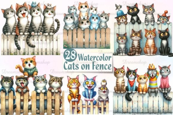 Download Watercolor Funny Cats on Fence Clipart - Funny Collection